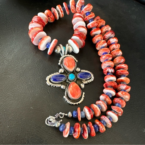 Red Spiny Oyster Lapis Turquoise Pendant Necklace Sterling Silver 17668